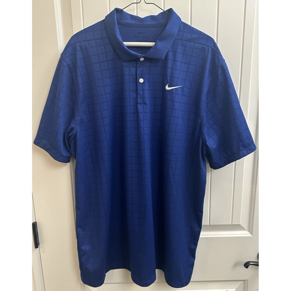 Nike Golf Dri Fit Mens Royal Blue Plaid Polo Shirt Size XL with White Buttons